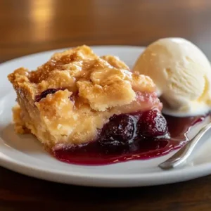 A plated slice of cobbler with golden topping, bubbling fruit, and a scoop of vanilla ice cream.