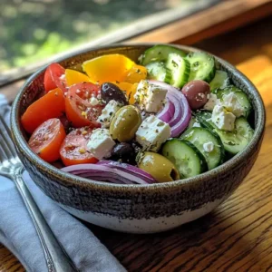 A vibrant Greek salad in a rustic bowl, drizzled with lemon dressing, served on a wooden table.