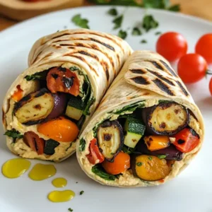 Grilled veggie and hummus wrap cut open to reveal colorful layers.