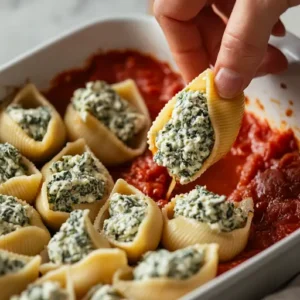 Hands filling jumbo pasta shells with spinach and ricotta filling, placed over marinara sauce in a baking dish.