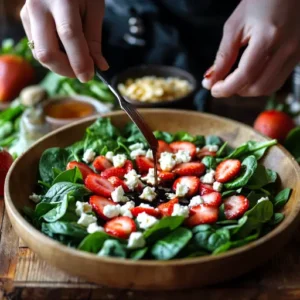 Hands assembling a strawberry spinach salad with feta, strawberries, and spinach on a wooden table