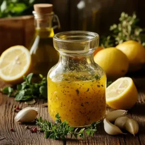 Jar of Greek lemon vinaigrette surrounded by lemons, olive oil, garlic, and oregano on a rustic wooden table.