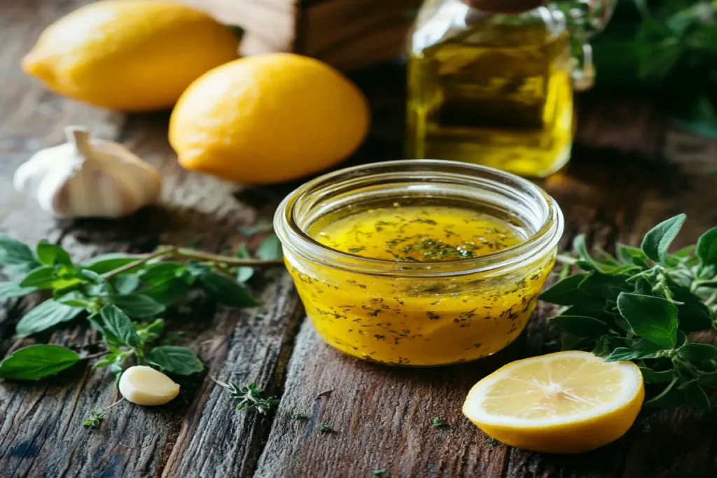 Greek lemon vinaigrette in a glass jar surrounded by fresh lemons, olive oil, oregano, and garlic on a rustic wooden table.