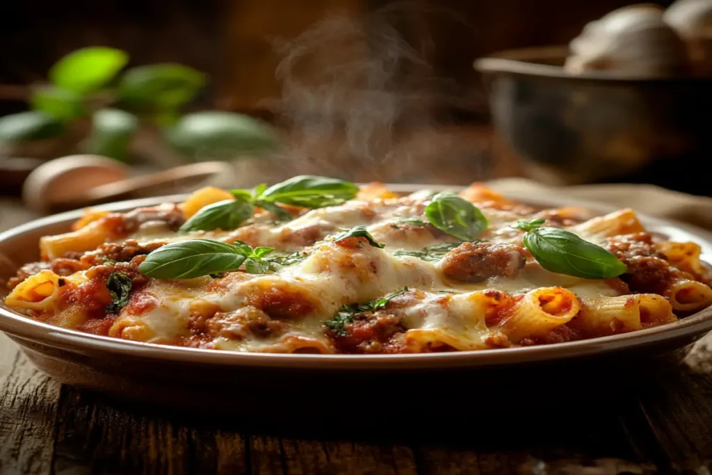 Plated baked ziti with sausage topped with golden melted cheese and garnished with fresh basil, served on a rustic wooden table.