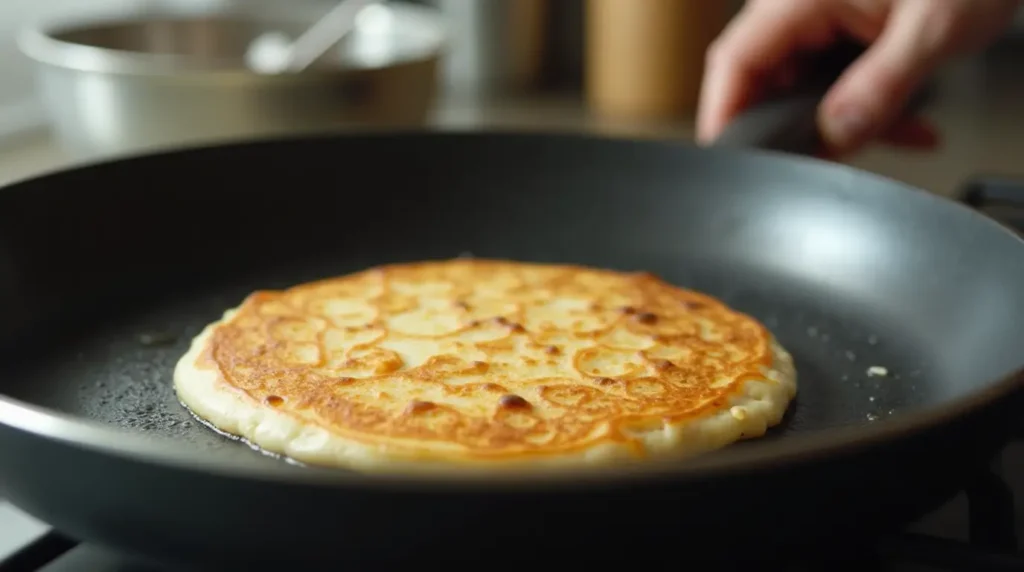 A banana pancake cooking in a non-stick skillet, with bubbles forming on the surface and edges beginning to set.