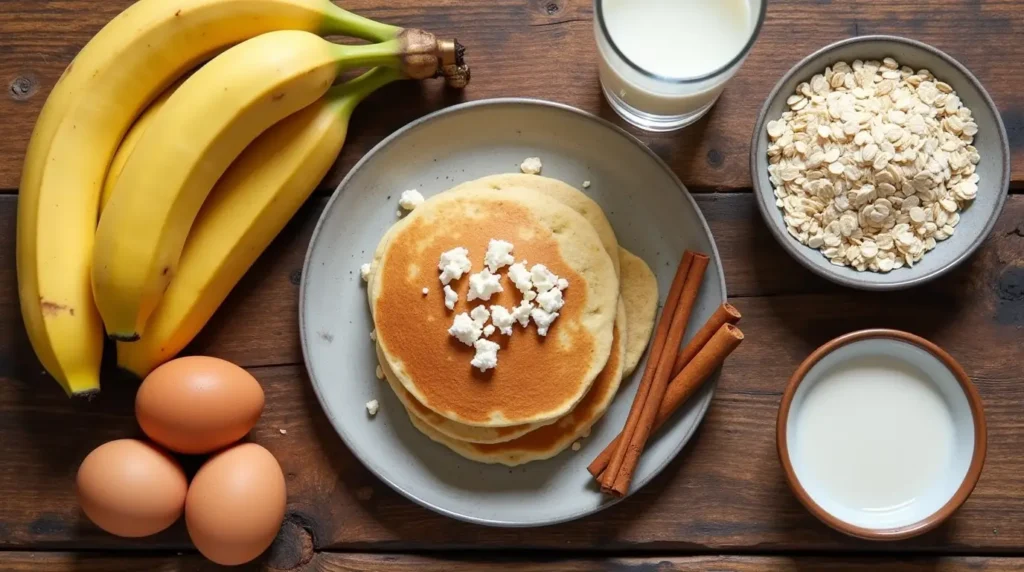 Ingredients for banana pancakes, including bananas, oats, eggs, cinnamon, and almond milk, on a rustic wooden surface.