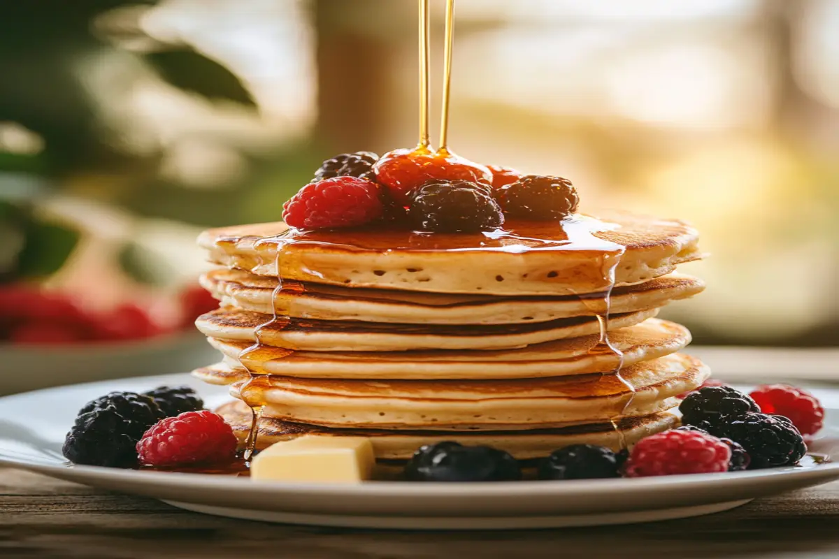 Golden stack of frozen pancakes topped with syrup, fresh berries, and butter on a breakfast table.