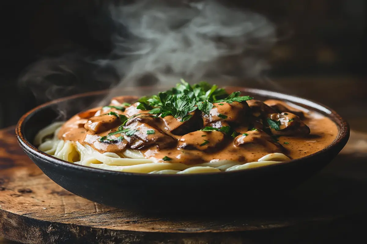 Delicious creamy mushroom stroganoff served with parsley garnish on a rustic wooden table.