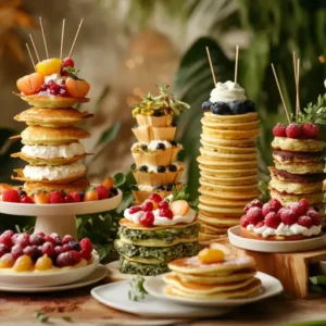 A creative spread of savory spinach pancakes, dessert pancake skewers with fruit, and a layered pancake cake.