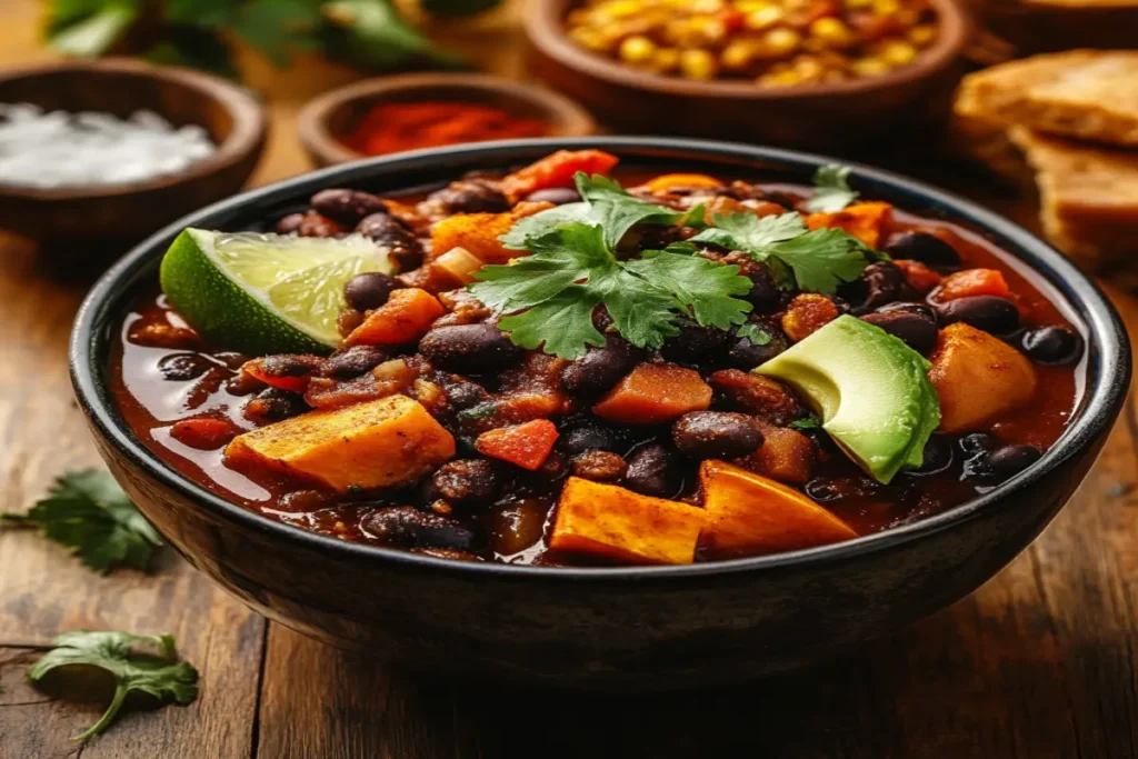 A bowl of black bean chili with sweet potatoes, garnished with cilantro, avocado, and lime, served on a rustic table with cornbread and spices.