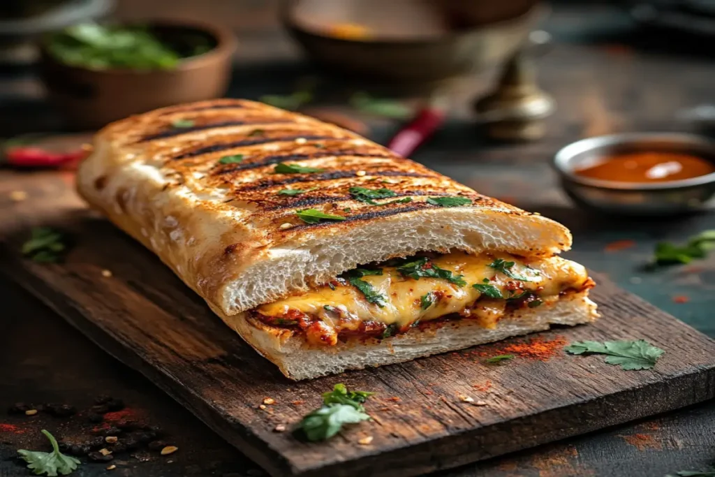 Freshly grilled Bombay chilli cheese ciabatta sandwich with gooey cheese and spicy filling on a wooden board with herbs and spices.