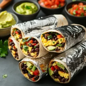 Meal prep scene with breakfast burritos wrapped in foil, some sliced open to show eggs, black beans, avocado, and sautéed vegetables.