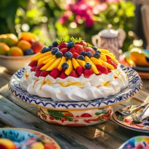 Festive pavlova dessert topped with strawberries, mango, and blueberries, in a colorful outdoor gathering setting.