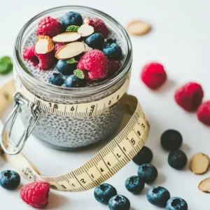 Chia seed pudding topped with berries and almonds, surrounded by a measuring tape, symbolizing weight loss benefits.