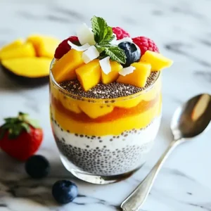 Chia pudding parfait layered with mango puree and coconut flakes, surrounded by fresh fruits on a marble countertop.