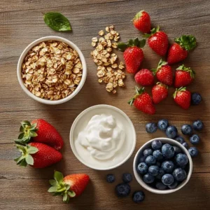 Flat-lay of Chick-fil-A yogurt parfait ingredients: Greek yogurt, strawberries, blueberries, and granola on a wooden background.