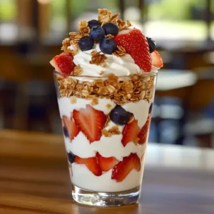 Close-up of Chick-fil-A yogurt parfait with Greek yogurt, strawberries, blueberries, and granola in a clear glass.