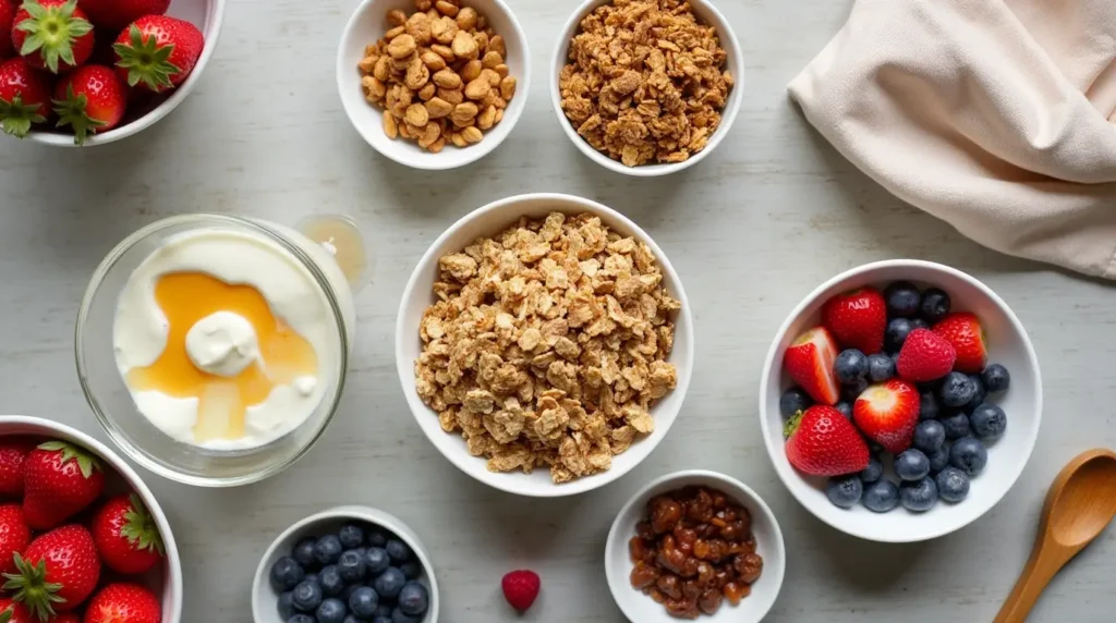 A flat lay of ingredients for a Chick-fil-A yogurt parfait, including Greek yogurt, fresh strawberries, blueberries, granola, and honey.