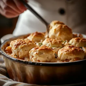 Chicken cobbler mixture being topped with biscuit dough in a rustic dish during preparation.