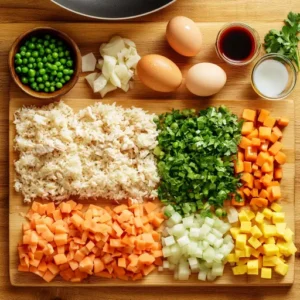 Ingredients for homemade chicken fried rice, including rice, chicken, vegetables, soy sauce, and eggs, arranged on a wooden counter.