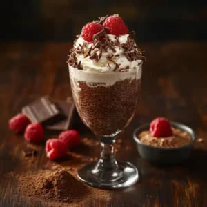 Decadent chocolate chia seed pudding in a dessert glass topped with raspberries, dark chocolate shavings, and whipped coconut cream.