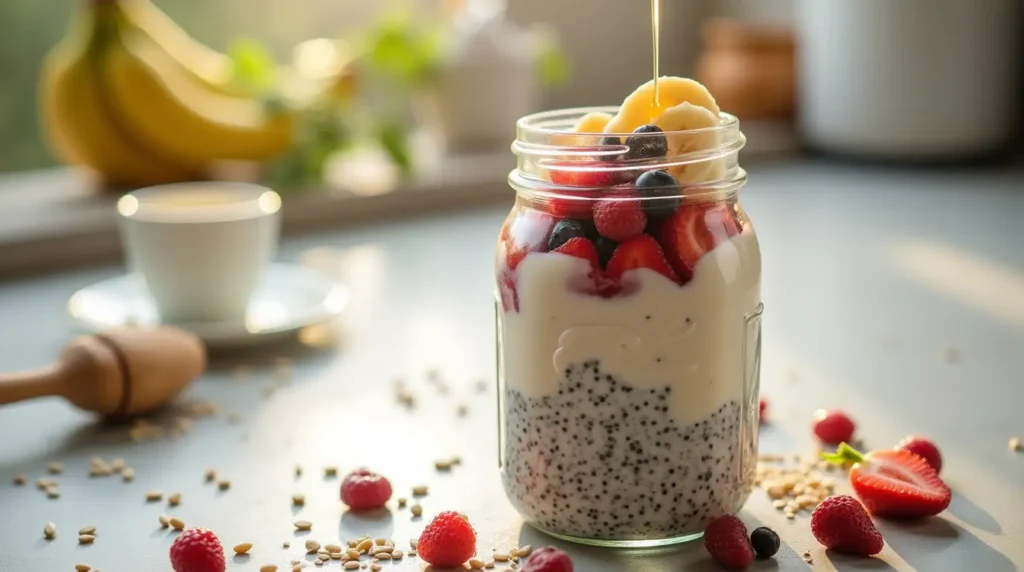 Start your day with this easy 5-minute chia seed pudding topped with fresh fruits for a healthy, on-the-go breakfast option.