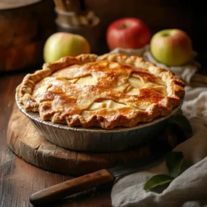 Golden apple pie on a wooden table surrounded by fresh apples and a rustic knife in warm natural light.