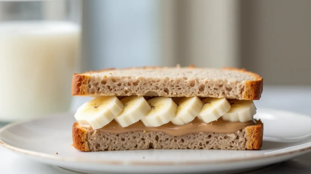 Classic peanut butter banana sandwich cut diagonally, showing creamy peanut butter and banana slices on whole-grain bread, served with a ripe banana and peanut butter jar.