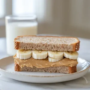 Classic peanut butter and banana sandwich on whole-grain bread with a glass of milk.