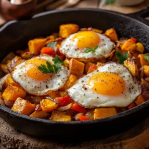 Classic sweet potato breakfast hash in a cast-iron skillet with sunny-side-up eggs, sautéed vegetables, and fresh herbs.