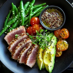 A modern take on Tuna Niçoise Salad with seared tuna, avocado, quinoa, and microgreens arranged on a sleek black plate.