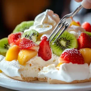 A fork slicing through a pavlova with whipped cream and vibrant fruits.