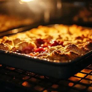 Cobbler baking in the oven with a golden topping and bubbling fruit filling.