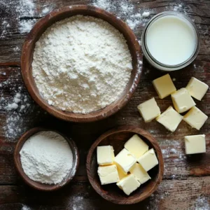 Cobbler dough ingredients arranged on a rustic wooden table.