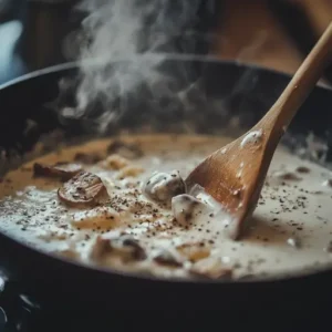 A skillet of creamy mushroom stroganoff being stirred during cooking.