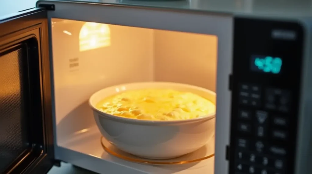 Whisked eggs in a microwave-safe bowl placed inside a microwave with the door slightly open.