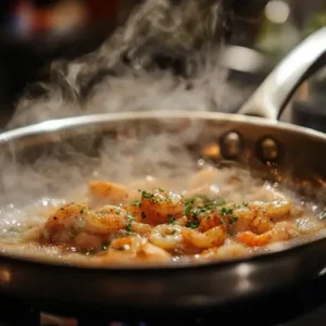 Shrimp sautéed in golden garlic butter sauce in a skillet.