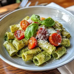 A bowl of pesto pasta with roasted cherry tomatoes, garnished with fresh basil and Parmesan shavings.