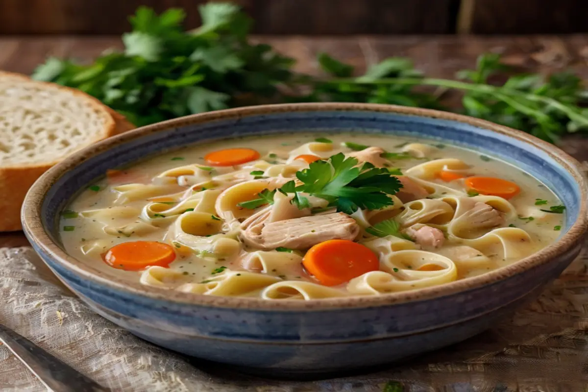 Rustic bowl of creamy chicken noodle soup with tender chicken, egg noodles, fresh vegetables, and parsley garnish, served on a wooden table with a linen napkin.