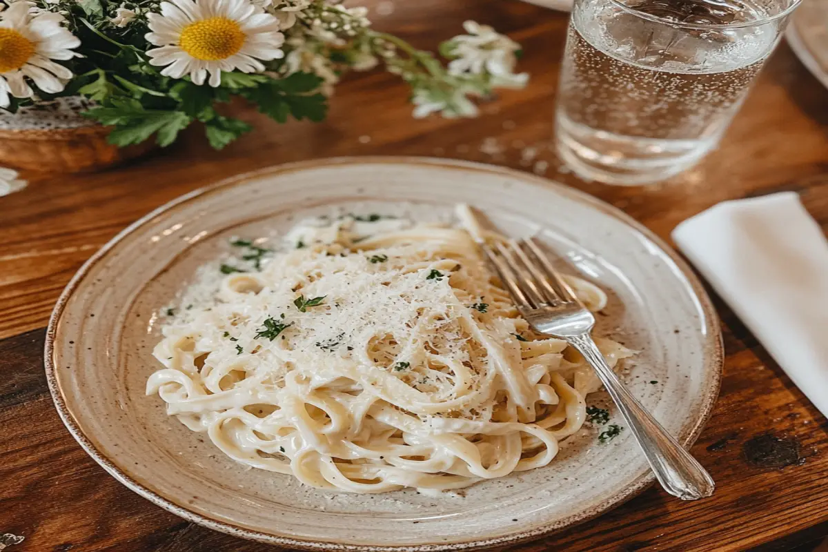 A plate of creamy Fettuccine Alfredo garnished with parsley and Parmesan cheese, with a fork twirling the pasta, set on a rustic wooden table.