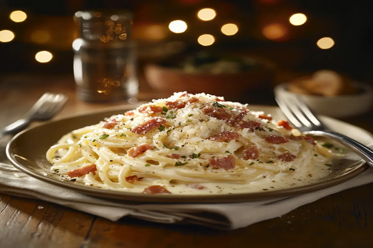 A plate of creamy Spaghetti Carbonara garnished with grated cheese, turkey bacon bits, and black pepper on a rustic wooden table.