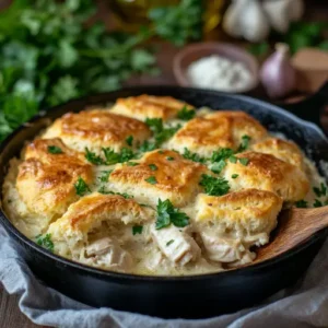 Close-up of a freshly baked Chicken Cobbler in a cast-iron skillet with golden biscuit topping and creamy chicken filling.