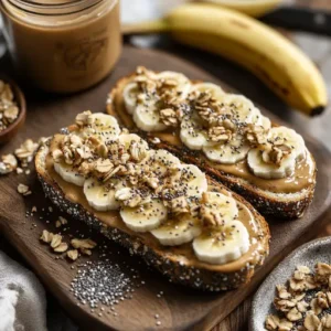 Peanut butter and banana sandwich with chia seeds and granola on a wooden board.