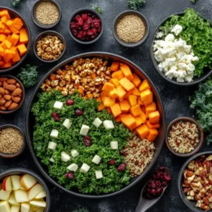 Kale salad surrounded by bowls of toppings like quinoa, sweet potatoes, and apples for customization.