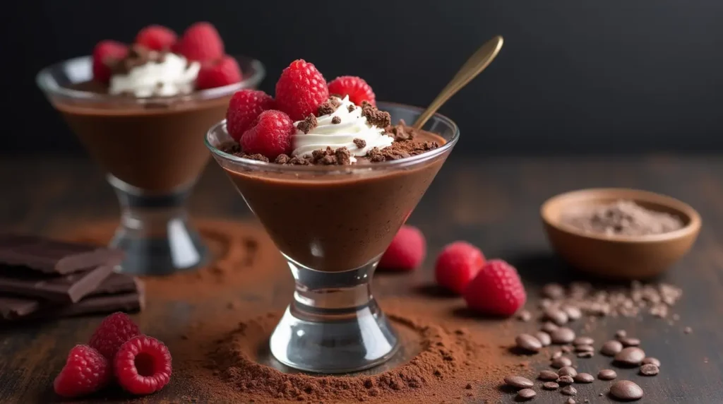 Decadent chocolate chia seed pudding in a dessert glass topped with raspberries, dark chocolate shavings, and whipped coconut cream.