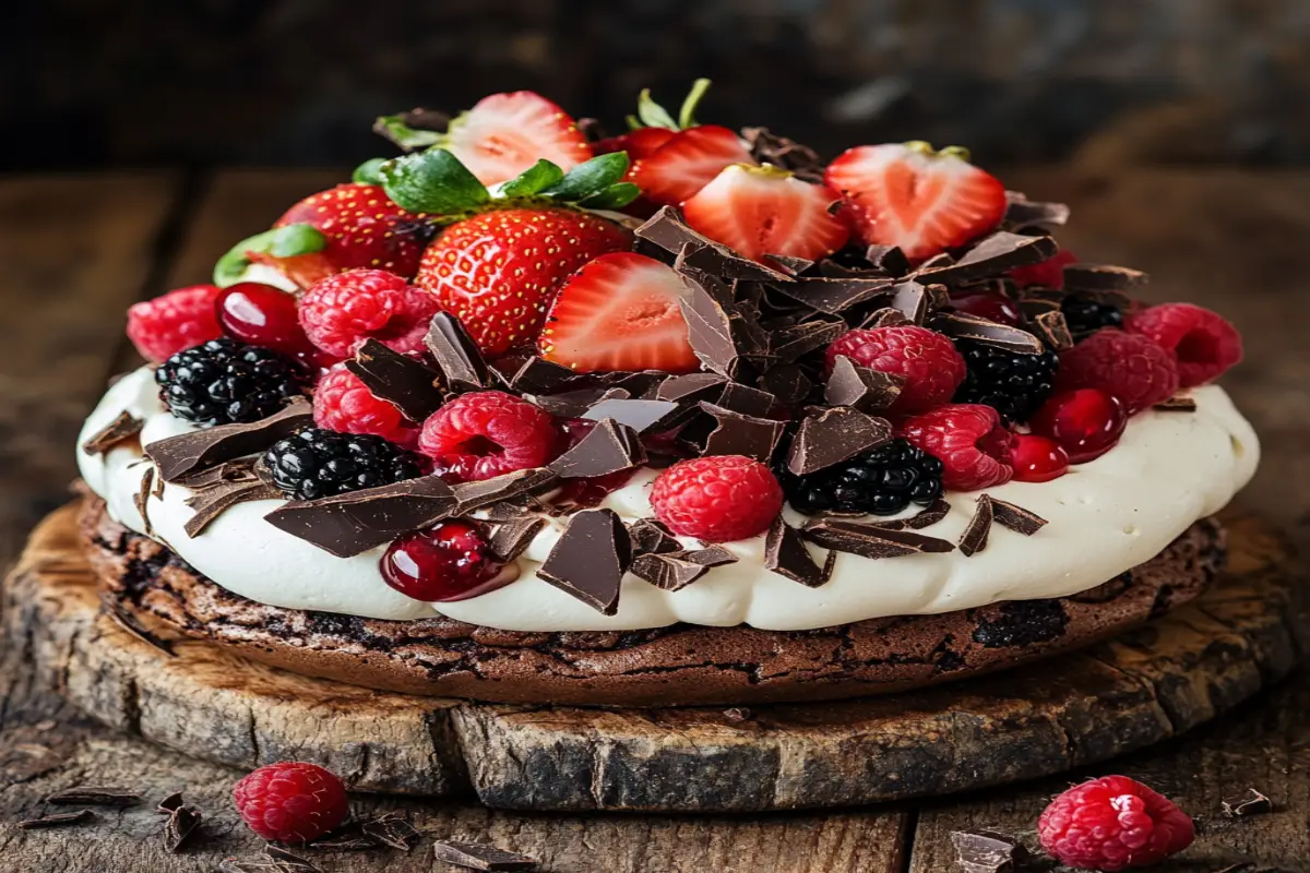 A decadent chocolate pavlova cake with a cocoa-swirled meringue base, topped with whipped cream, dark chocolate shavings, and fresh berries on a rustic wooden table.