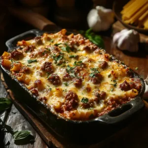 Casserole dish of baked ziti with sausage, melted cheese, and garnished with fresh herbs.