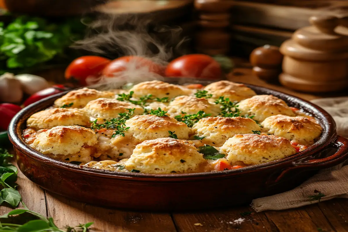 Golden chicken cobbler in a rustic dish with flaky biscuit topping and fresh vegetables, steaming on a wooden table.