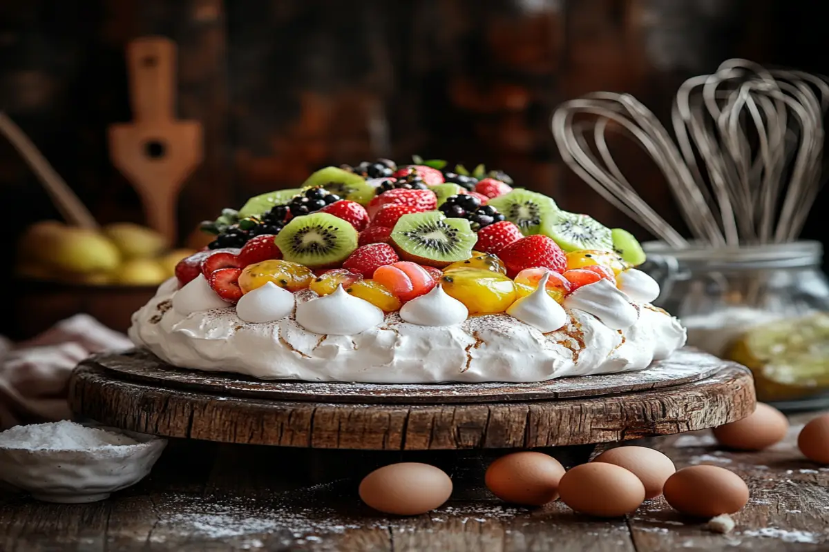 Photorealistic image of a pavlova topped with fresh fruits and whipped cream alongside crisp meringue kisses on a rustic wooden table.