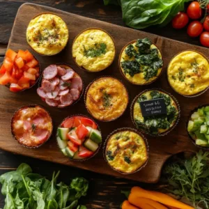 A variety of colorful egg muffins labeled with chalkboard tags, featuring spinach & feta, ham & cheese, and turkey sausage & peppers.